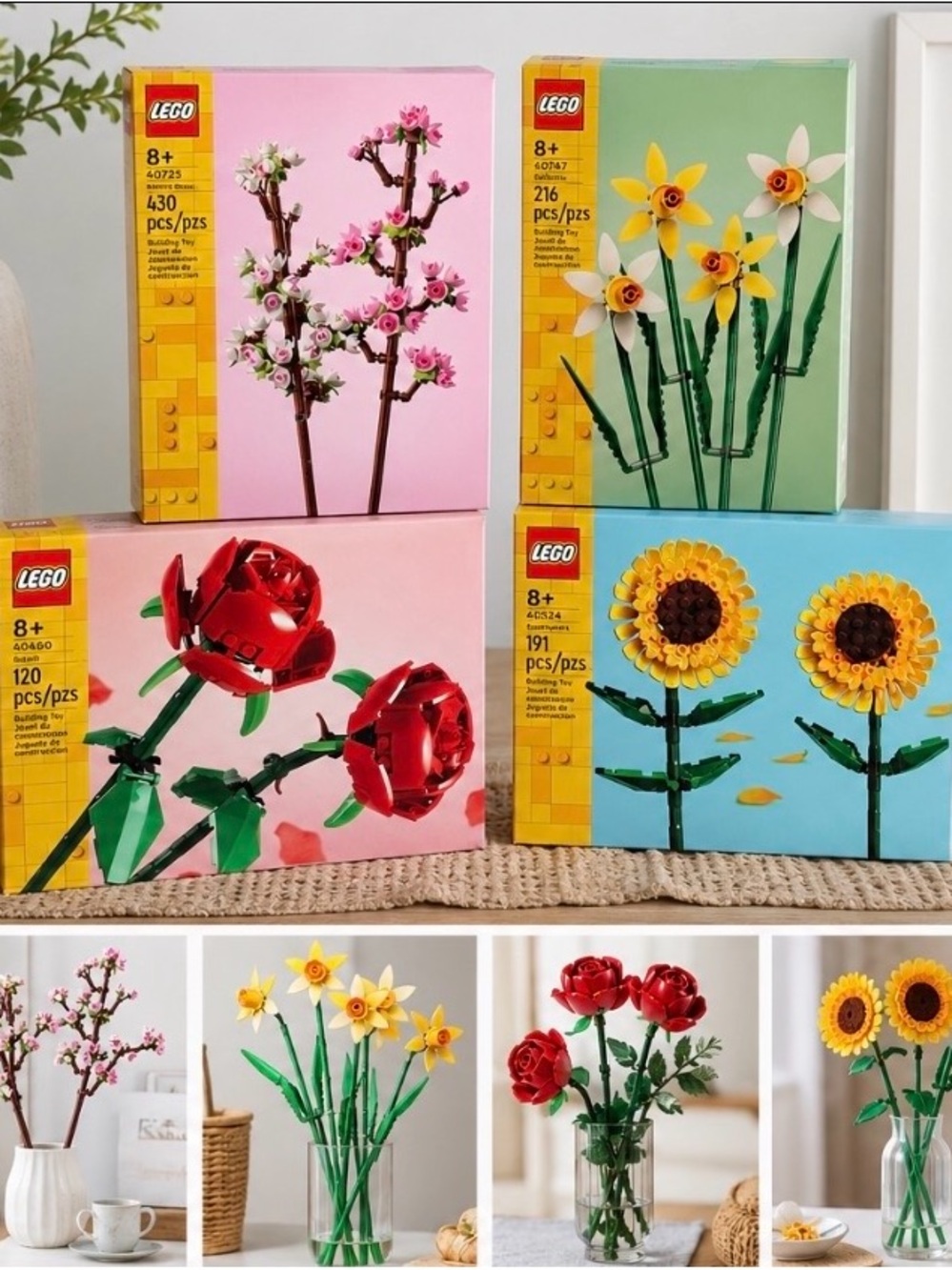 Lego Floral Collection – Red Roses, Pink Blossoms, Yellow Daffodils, Sunflowers